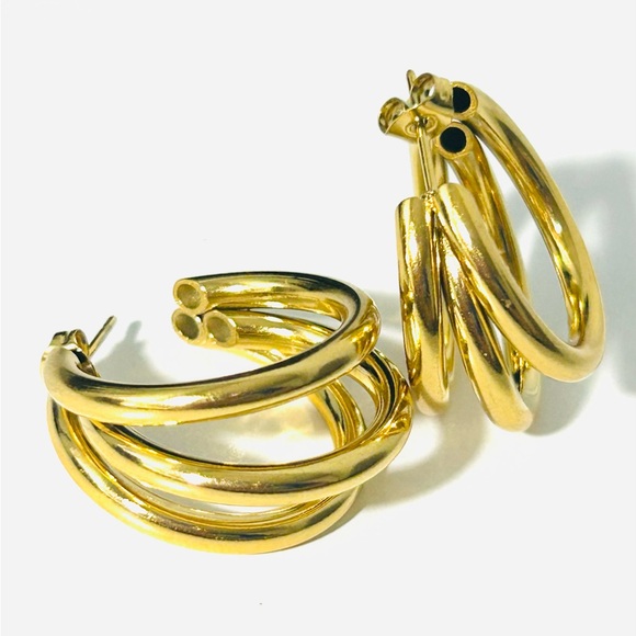18k Gold Plated Stainless Steel Triple Hoop Small Earrings 1 inch in diameter - Picture 3 of 4